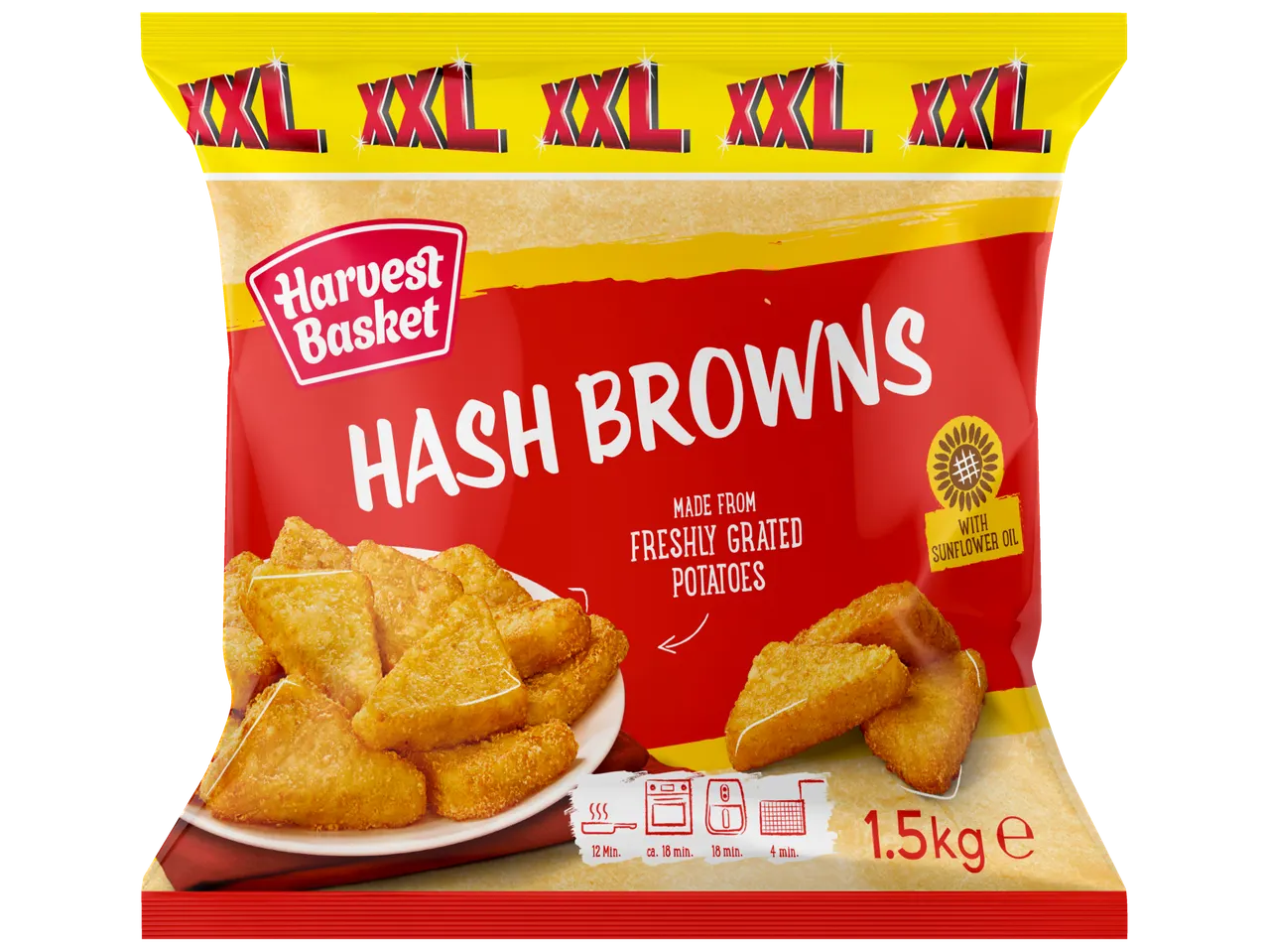 Pachet mare de 1,5 kg de Hash Browns Harvest Basket, făcute din cartofi rași, cu ulei de floarea-soarelui.