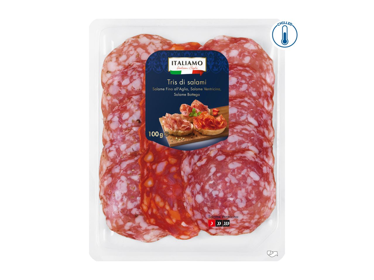 Pack of sliced salami, including Salame Fino all'Aglio, Salame Ventricina, and Salame Bottega, 100g, chilled.