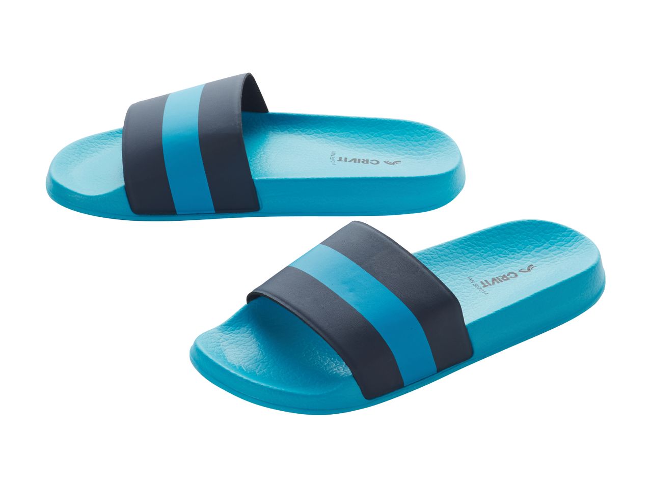 Two blue and dark grey striped slide sandals, one above the other.