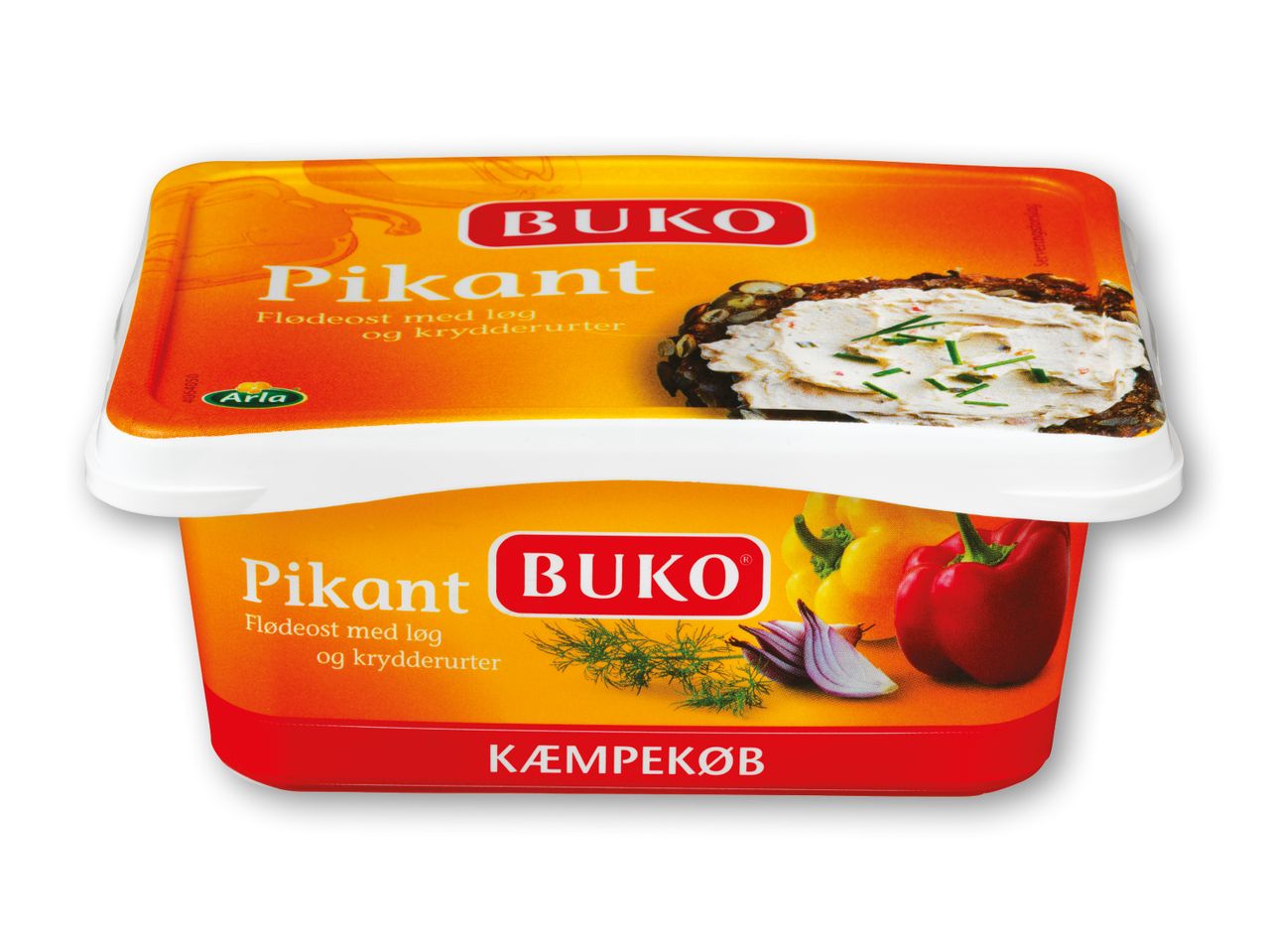 To pakker flødeost med løg og krydderurter, den øverste med et billede af ost på brød.