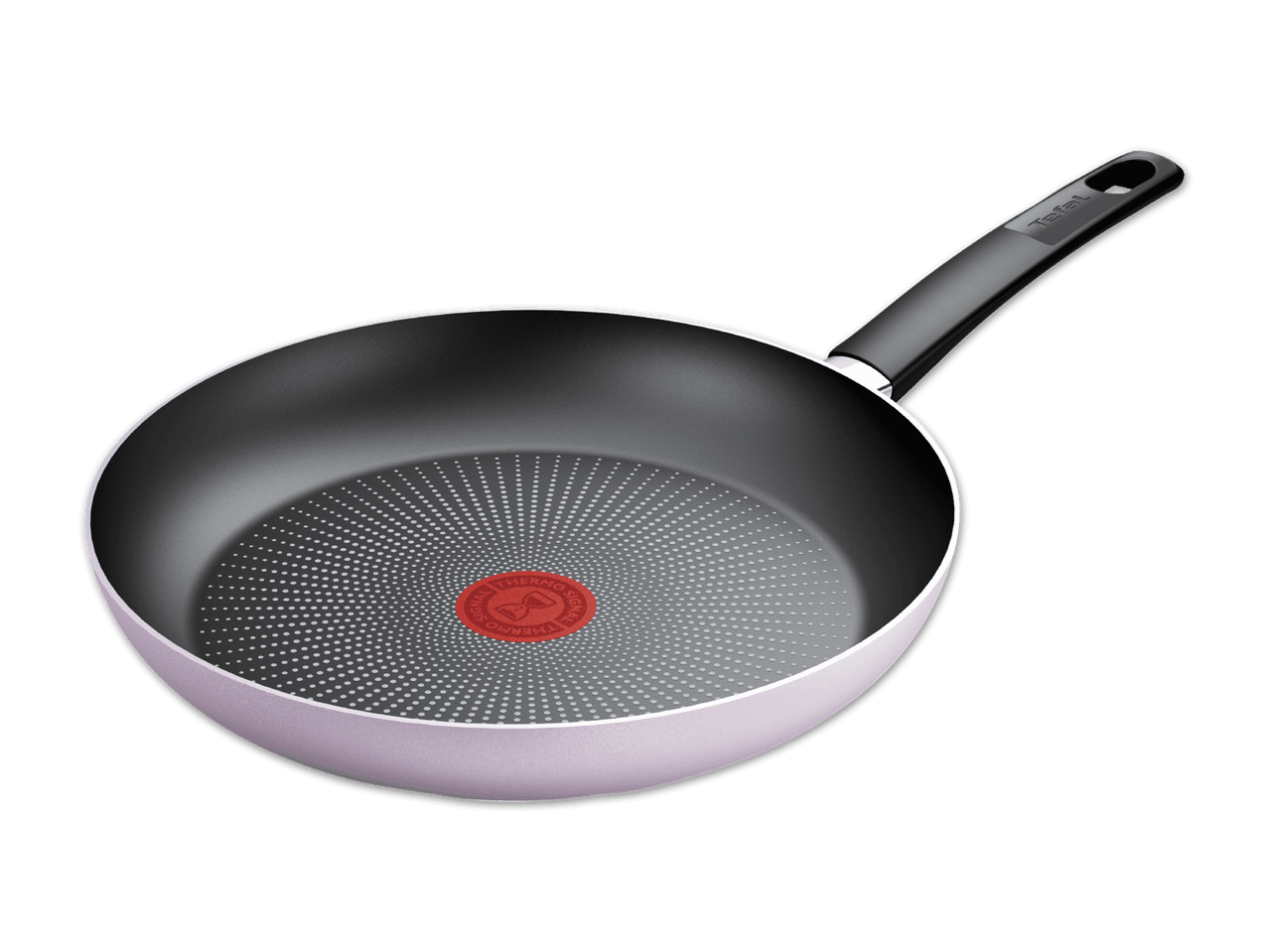 Eine lilafarbene Tefal-Pfanne mit schwarzem Griff.