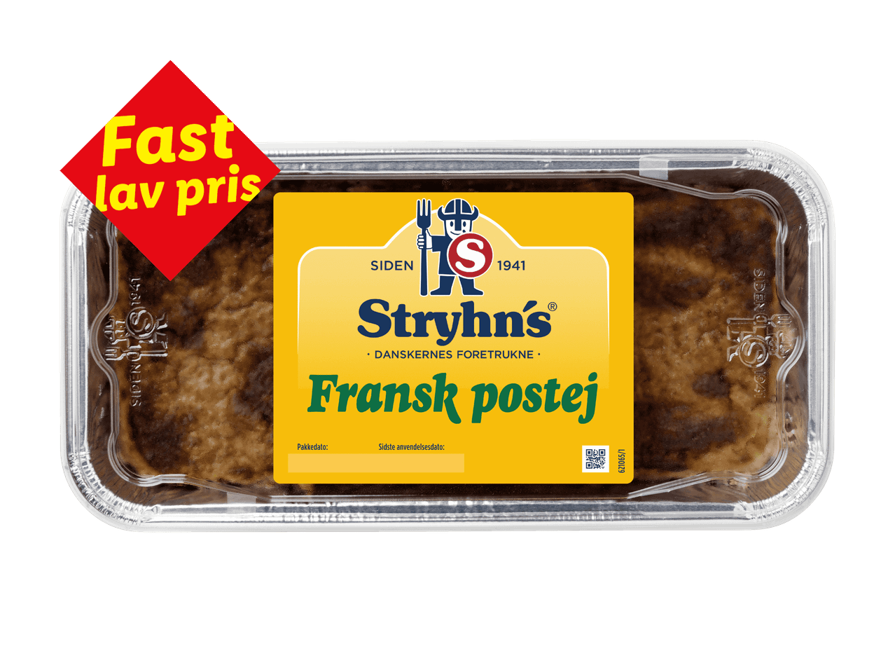 Fransk postej i en aluminiumsbakke med et rødt skilt, der annoncerer 'Fast lav pris'.