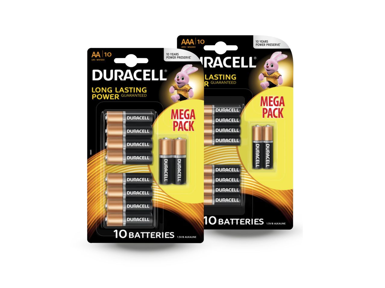 Dva pakiranja Duracell baterija, jedno AA i jedno AAA, s po 10 baterija.