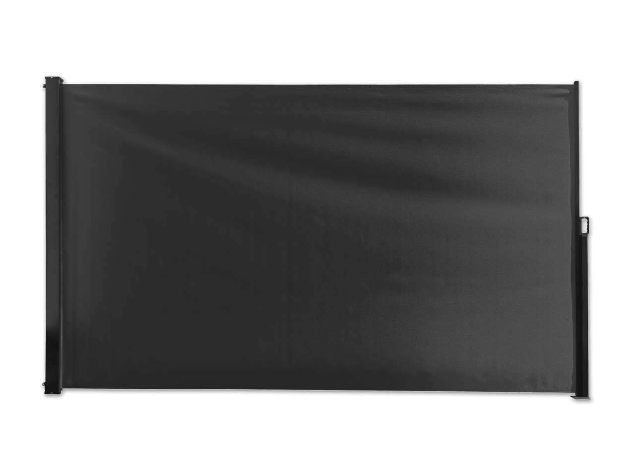 Ein schwarzer, zusammenrollbarer Sichtschutz.