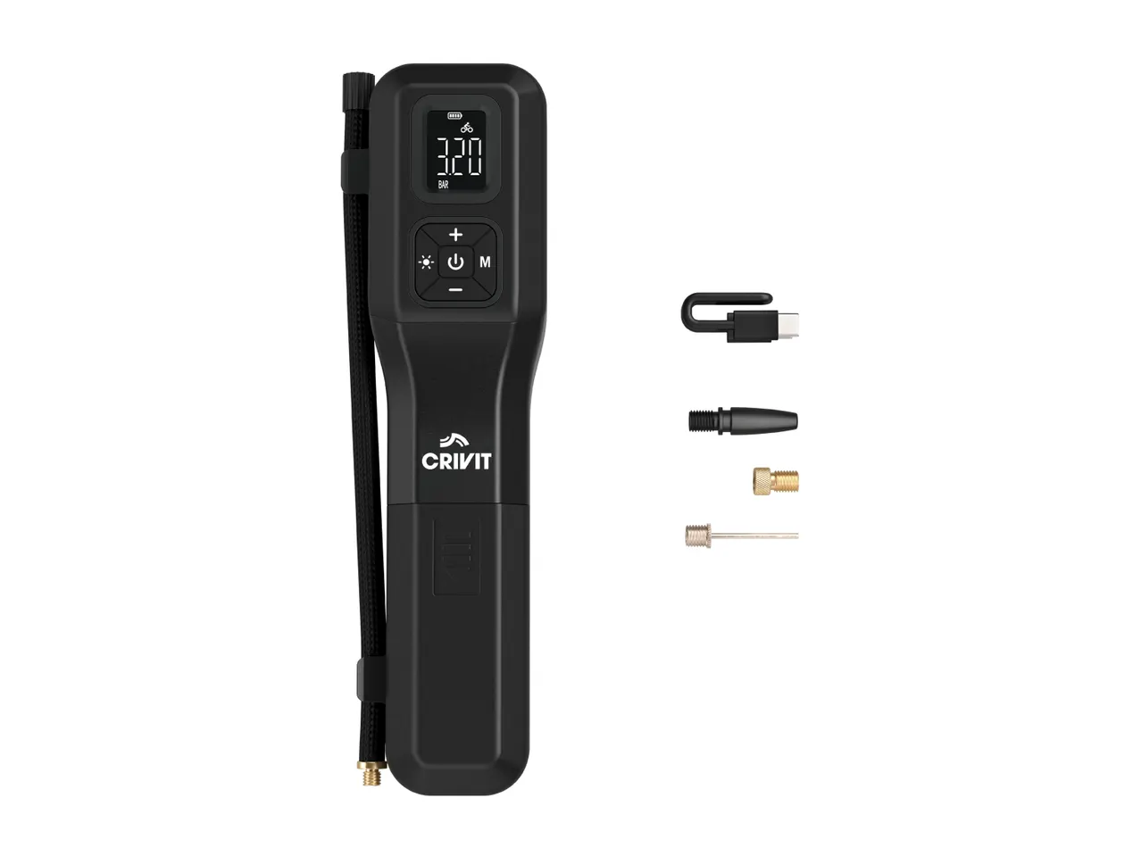 Portable electric air pump with digital display, various nozzles, and a USB-C charging cable.