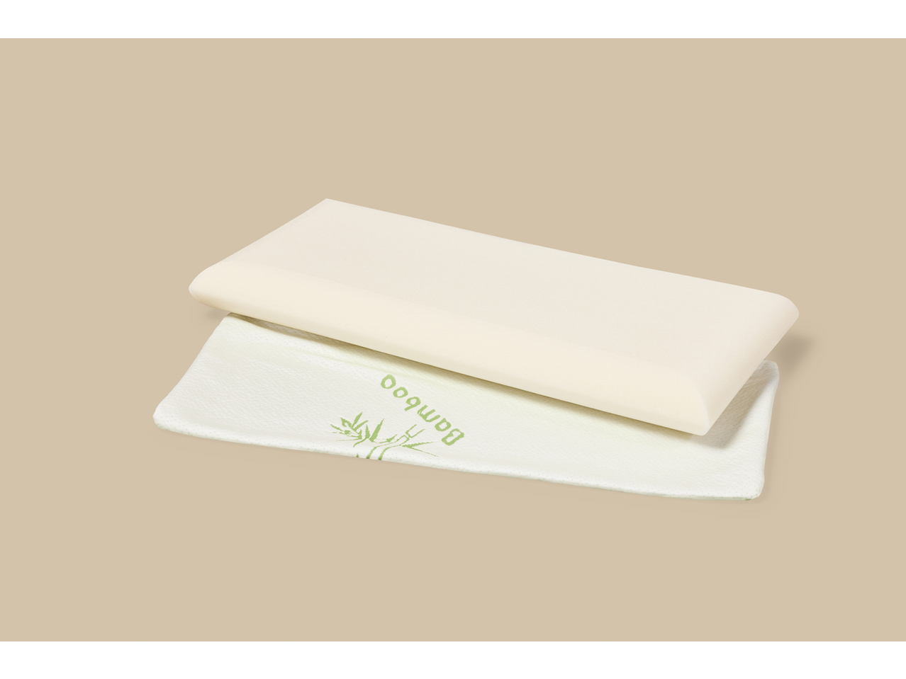 A rectangular memory foam pillow with a white bamboo cover featuring green text and bamboo stalks.