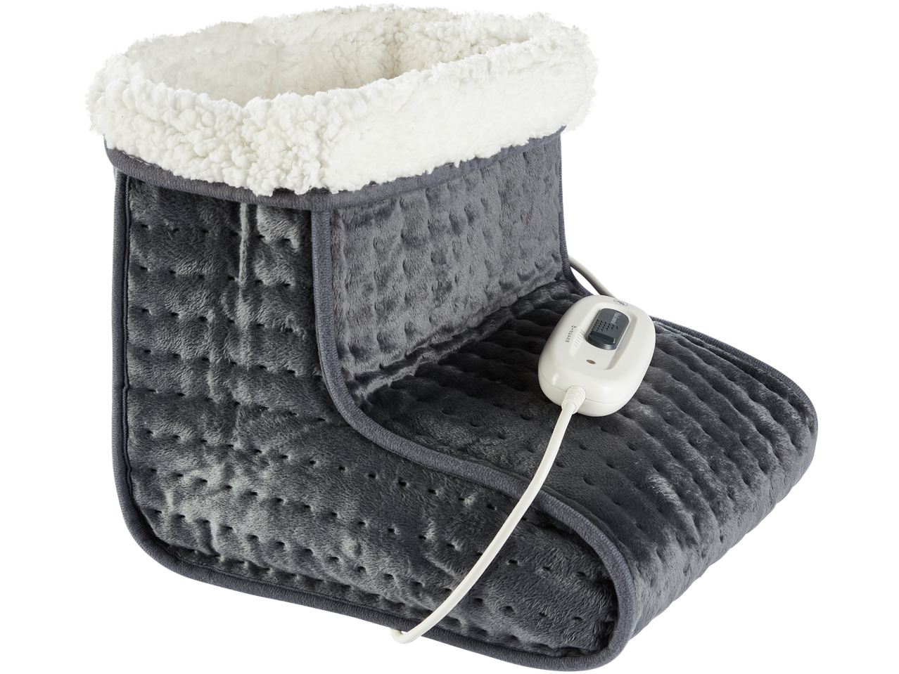 Sanitas pėdų šildytuvas iš pilko pliušo su baltu pamušalu ir valdikliu.