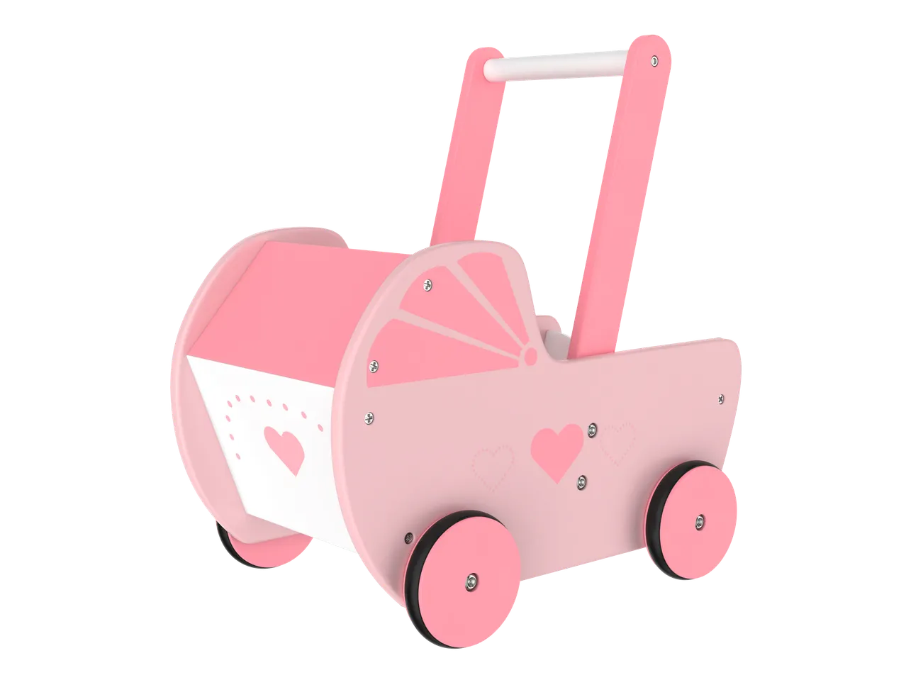 Carrinho de bonecas de madeira rosa Playtive com designs de coração e leque