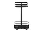 Black metal shower caddy with two rectangular shelves and a central pole