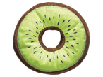 A plush kiwi-shaped dog toy with a hole in the center.