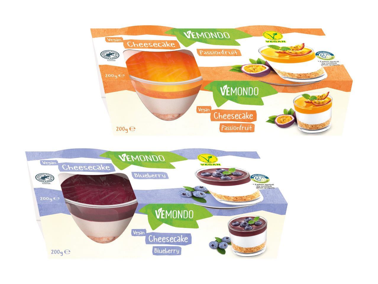 Zwei Packungen veganer Vemondo Käsekuchen mit Passionsfrucht und Blaubeeren.