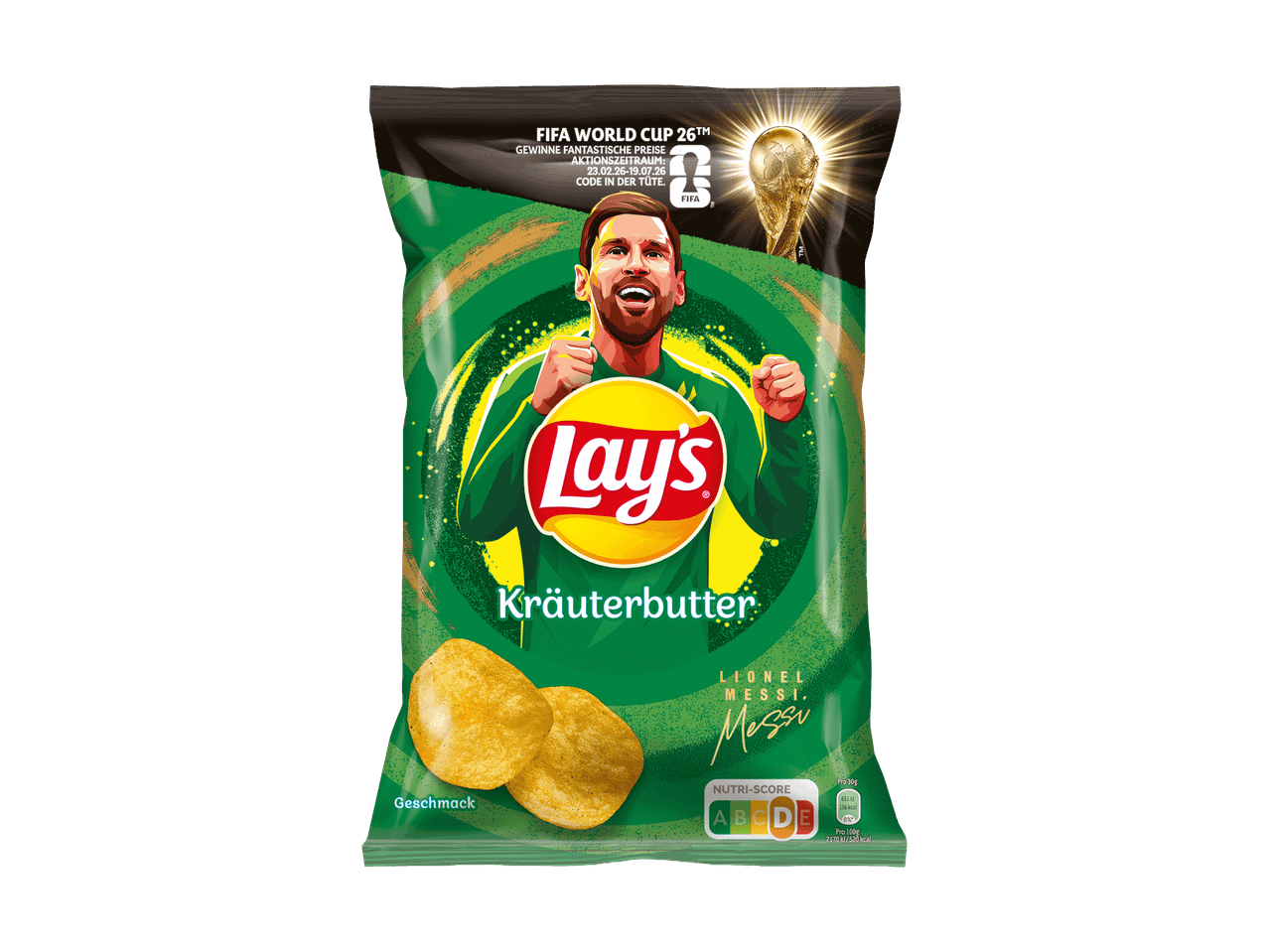 Tüte Kräuterbutter-Kartoffelchips mit einem Fußballspieler und dem WM-Pokal-Logo.
