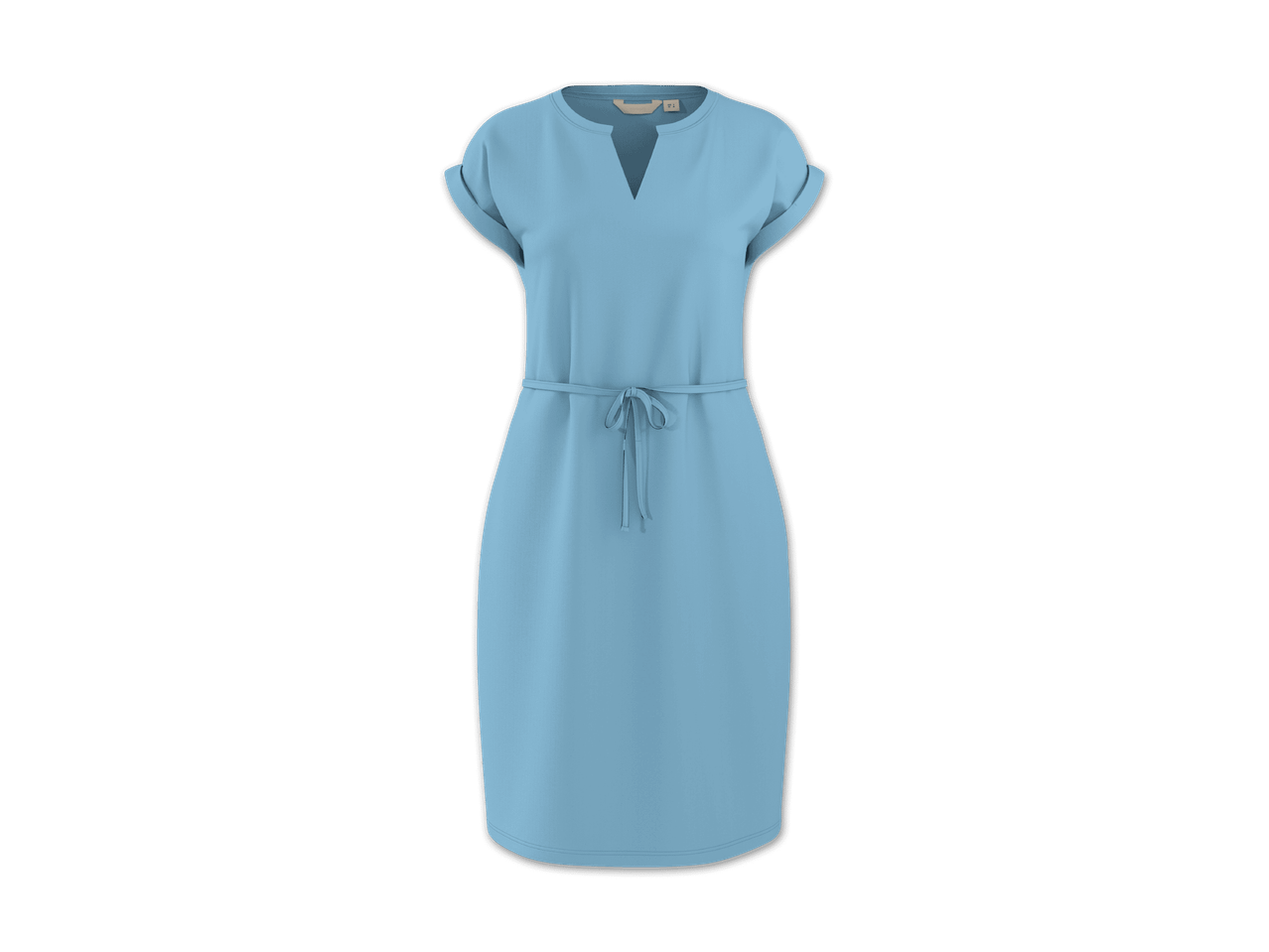 Hellblaues Kleid mit V-Ausschnitt, kurzen Ärmeln und Bindegürtel.