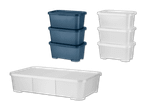 Stapelbare Aufbewahrungsboxen in Blau und Weiß, eine große weiße Box im Vordergrund.