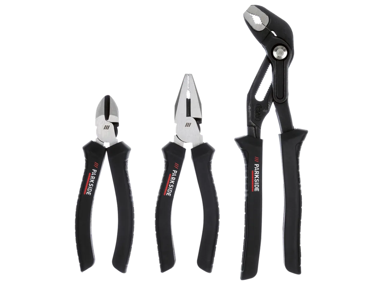 Комплект от три клещи: резачки, комбинирани и водопроводни клещи.