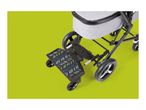 Stroller with an attached ride-on board for a second child, on a lime green background.