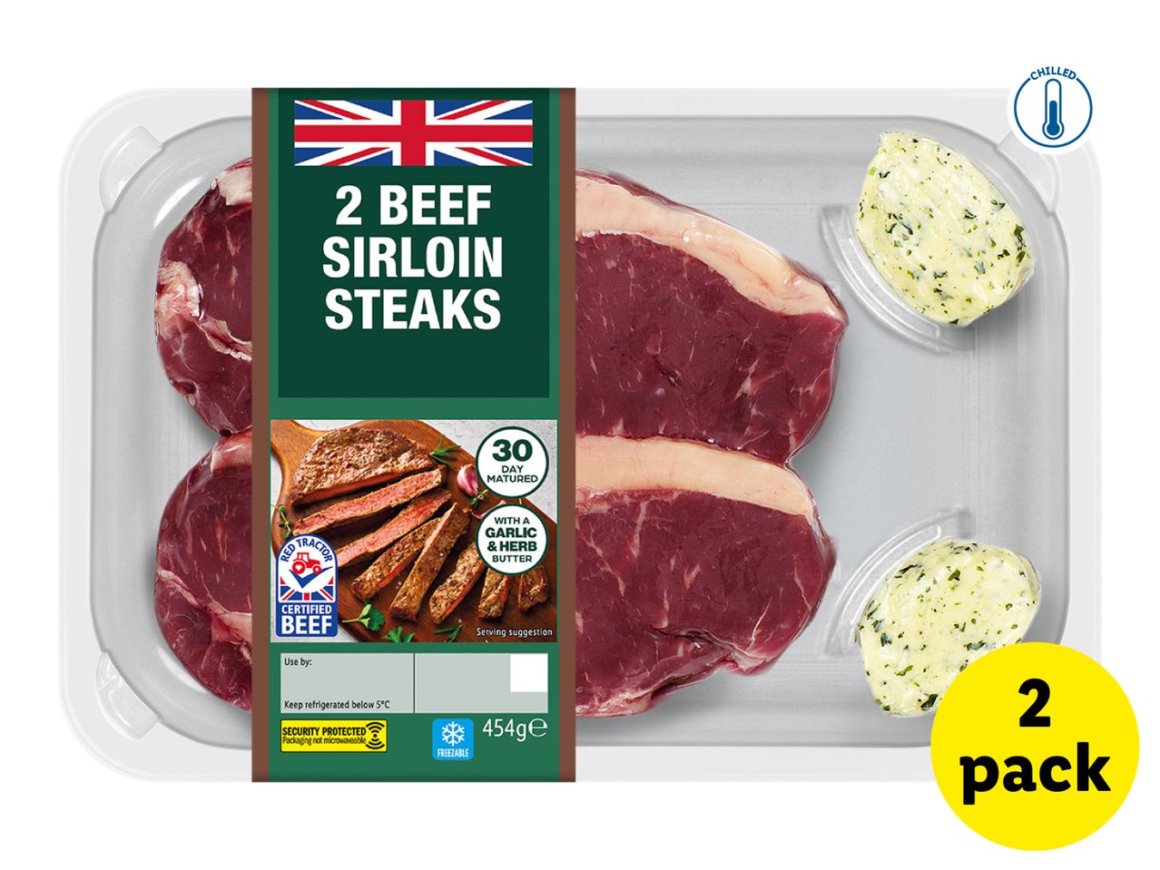 Two beef sirloin steaks with garlic and herb butter, 454g, chilled and freezable.