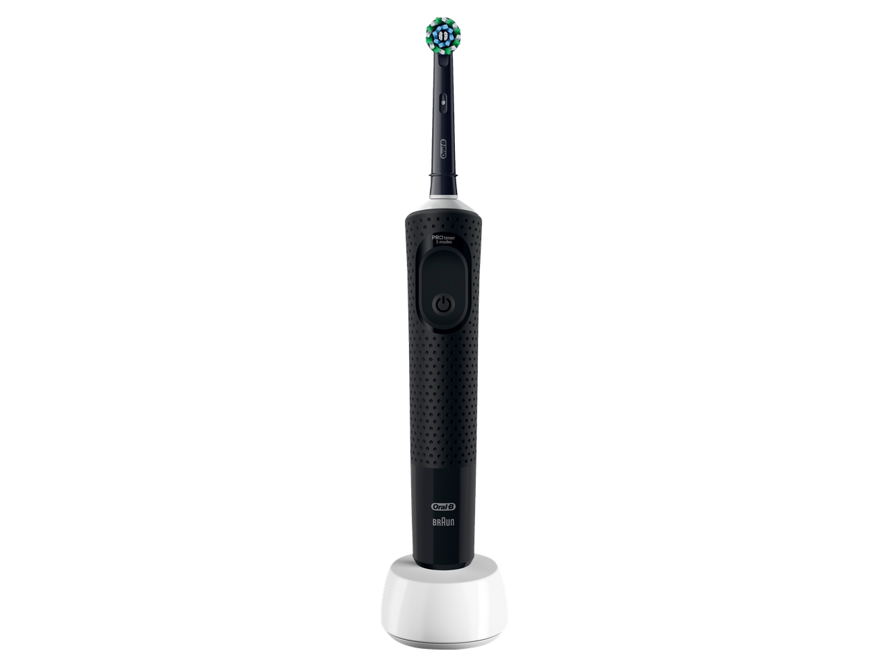Oral-B electric toothbrush in black with a white charging base.