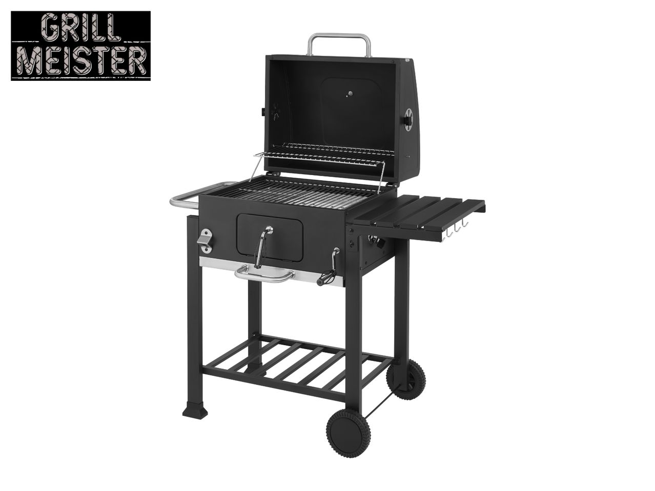 Black charcoal grill with an open lid, side shelf, and wheels, featuring 'GRILL MEISTER' text.
