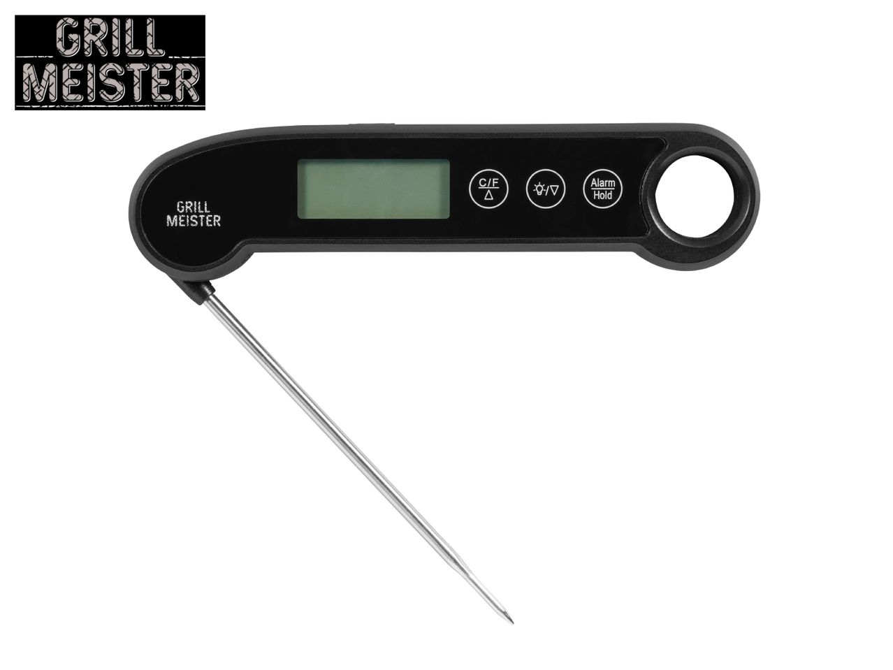 Digital meat thermometer with a foldable probe and a display, featuring a brand logo.