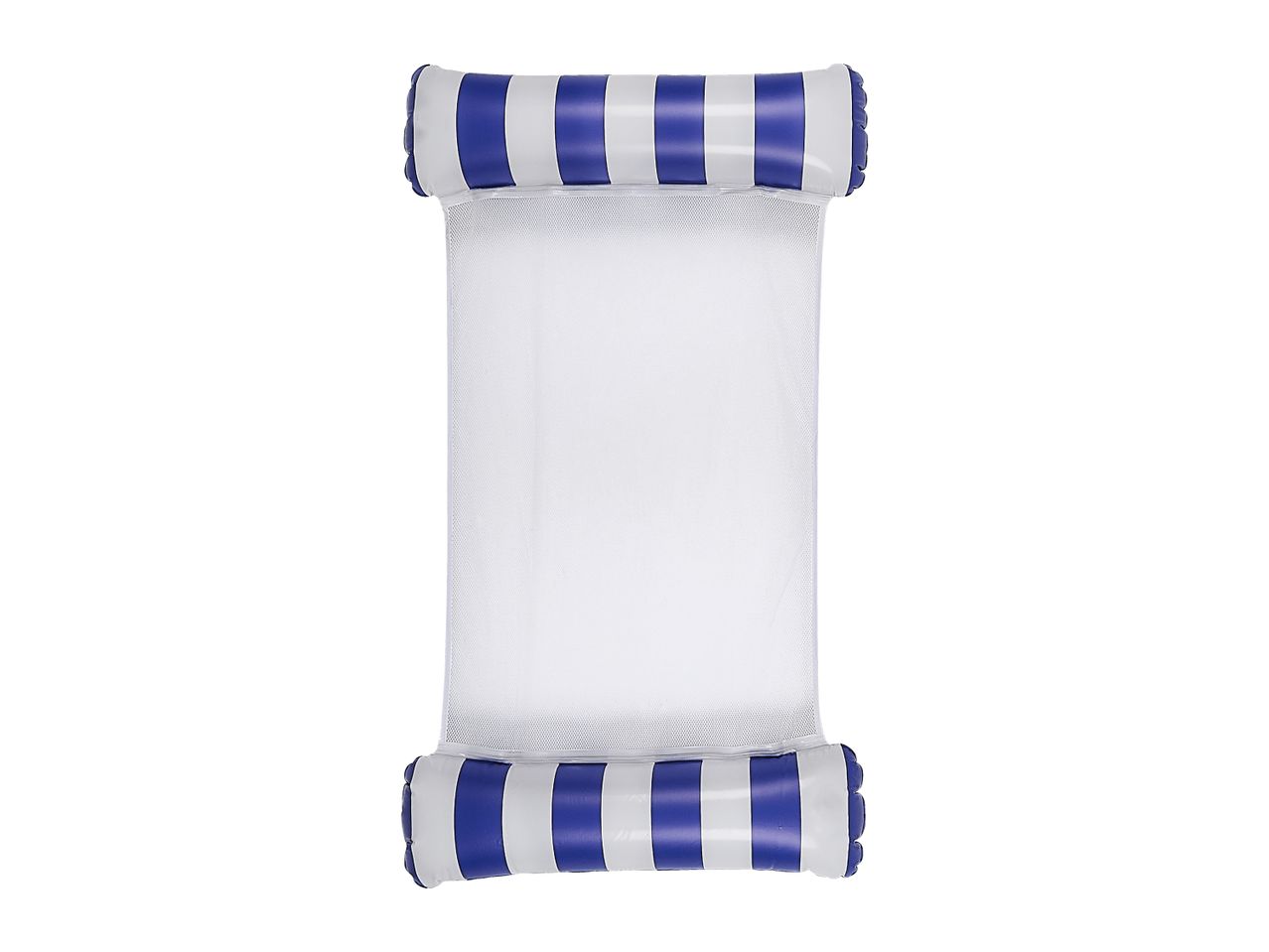 Blue and white striped inflatable pool hammock with a mesh center