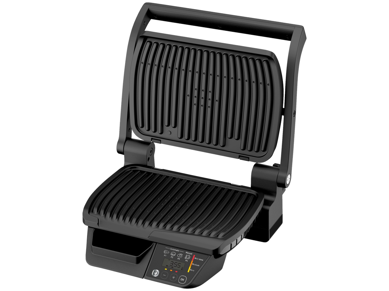 Ψησταριά Tefal με ανοιχτό καπάκι και ψηφιακή οθόνη που δείχνει 3:55.