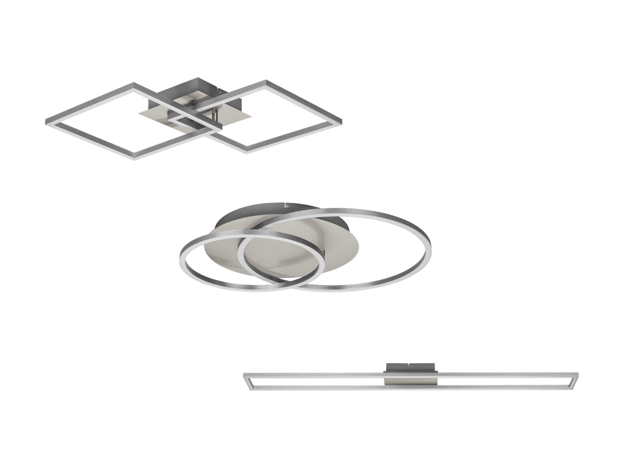 Set modernih LED stropnih svjetiljki u srebrnoj boji, s kvadratnim, okruglim i pravokutnim dizajnom.