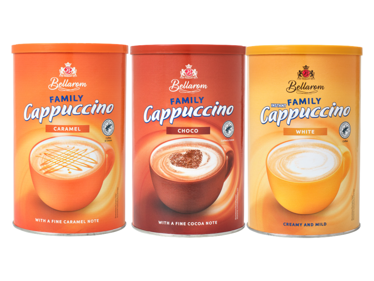 Trīs Bellarom Family Cappuccino iepakojumi: karameļu, šokolādes un baltā šokolādes garša.