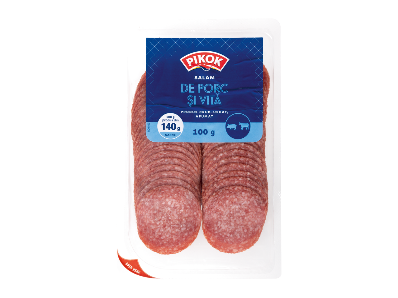 Salam feliat Pikok de porc și vită, crud-uscat și afumat, 100g.