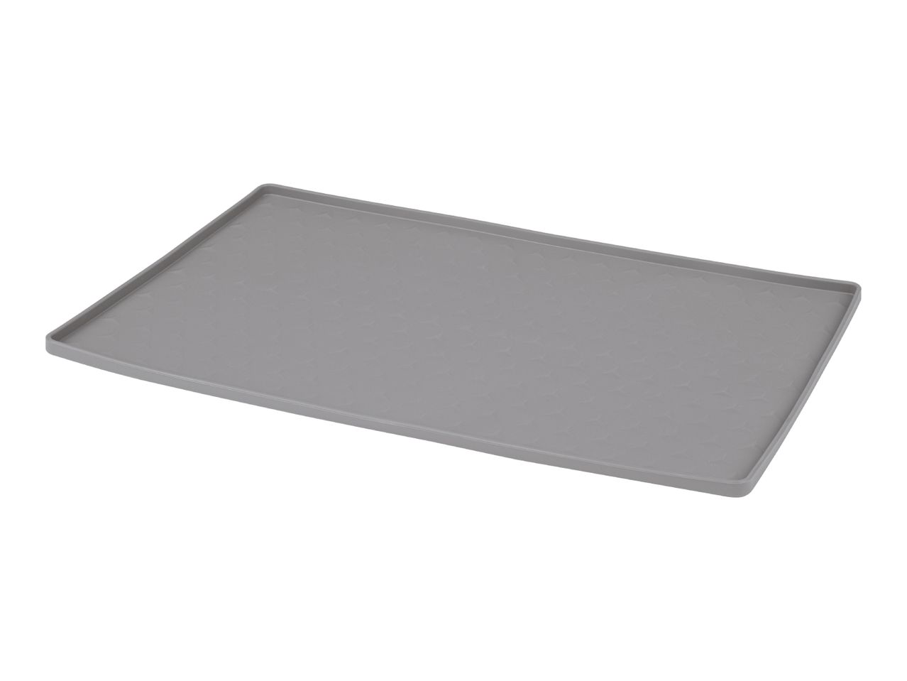 Grey rectangular pet feeding mat with a textured surface and raised edges.