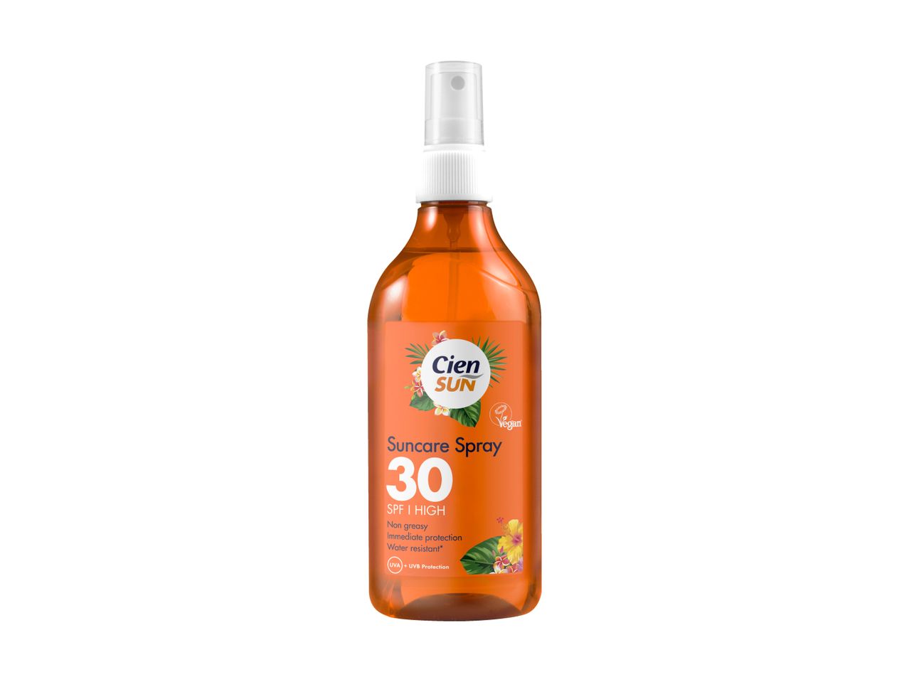 Orange suncare spray bottle with SPF 30, high protection, non-greasy, immediate, and water-resistant.