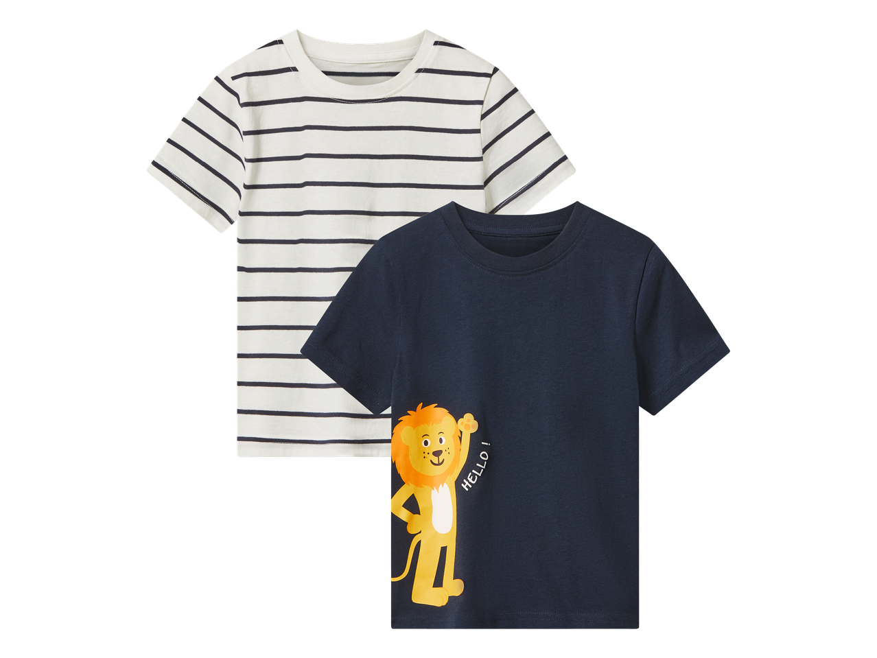 Dječje majice kratkih rukava: jedna bijela s tamnoplavim prugama, druga tamnoplava s lavom koji maše i natpisom 'HELLO!'.