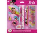 Barbie-themed school set with pens, pencils, ruler, eraser, and sharpener.