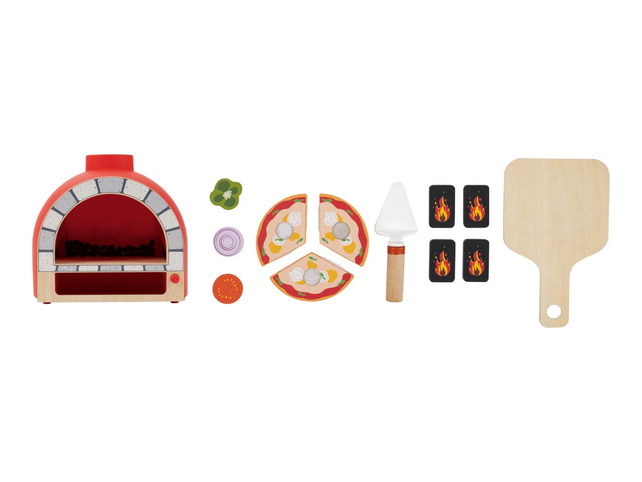 Toy pizza oven set with pizza slices, toppings, pizza peel, and fire tokens.