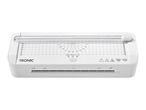White laminator with integrated paper trimmer, featuring measurement guides and settings for A4 and A5.