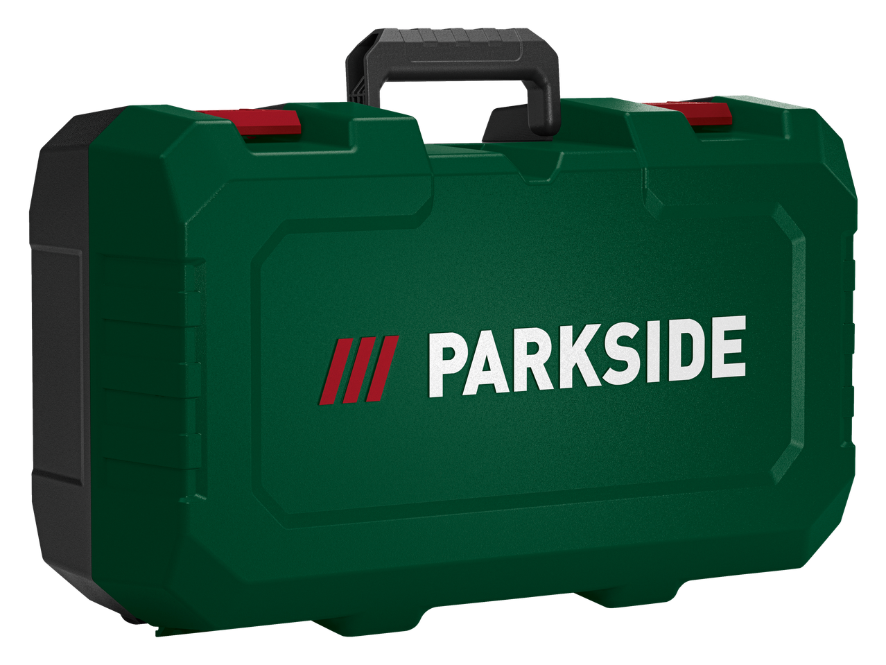 Πράσινη εργαλειοθήκη Parkside με κόκκινο κούμπωμα και μαύρη λαβή.