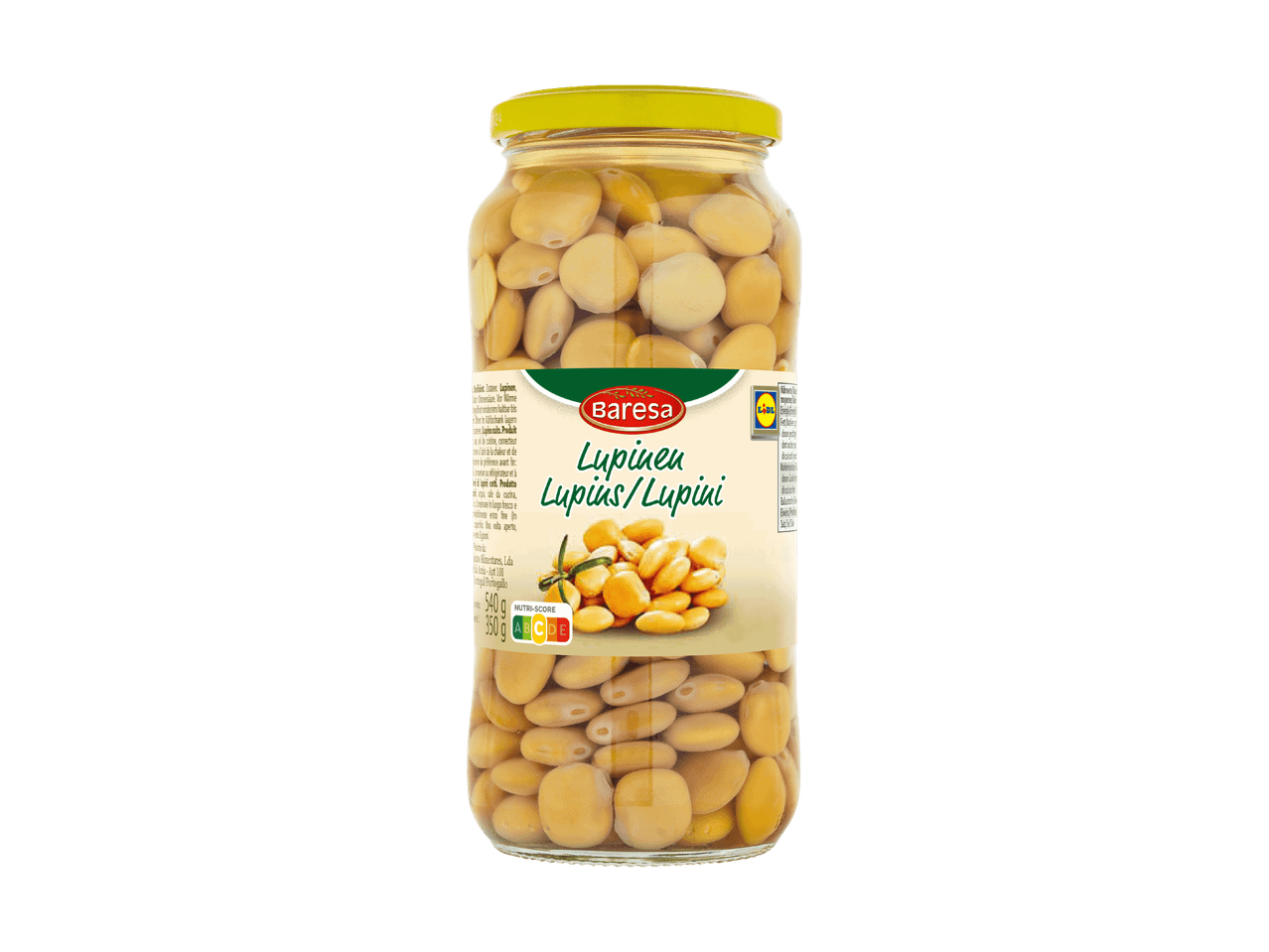 Barattolo di lupini cotti, con etichetta nera e rossa, 350g.