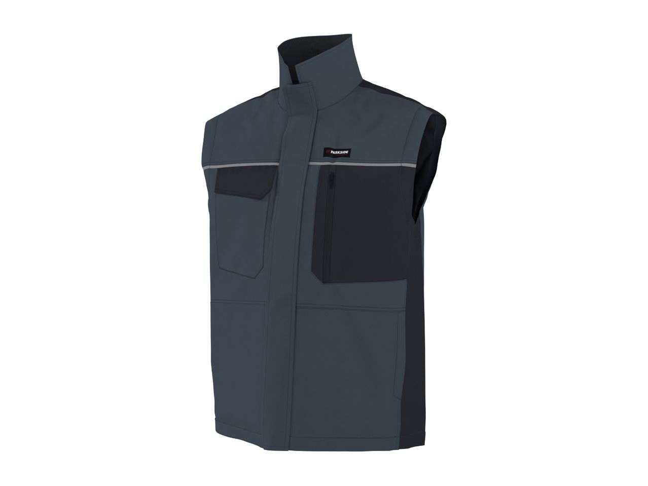 Men's work vest in dark blue with black accents and reflective stripe