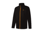 Schwarze Fleecejacke mit orangefarbenem Reißverschluss und Logo.