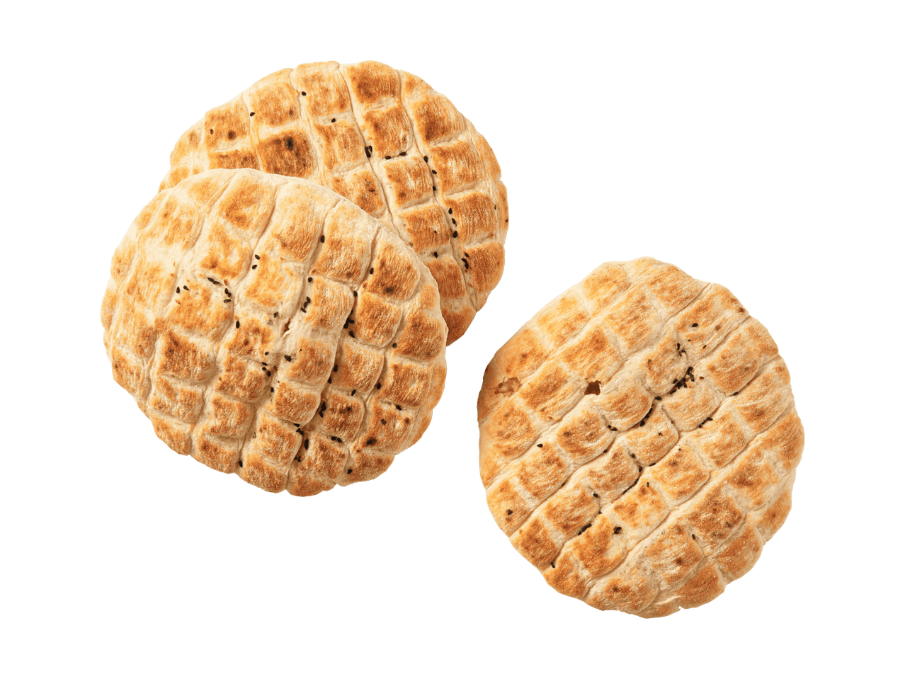 Drei runde Fladenbrote mit schwarzen Samen auf schwarzem Hintergrund.