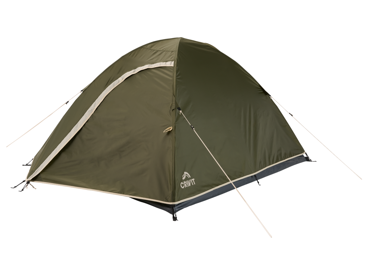CRIVIT Camping Tent in olive green with white and grey accents, set up against a black background.