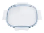 Clear square food storage container with a blue silicone seal and four white clips