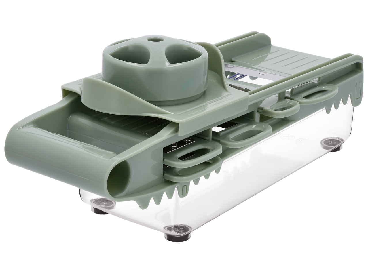 Мултифункционално ренде за рязане на зеленчуци с прозрачна основа.