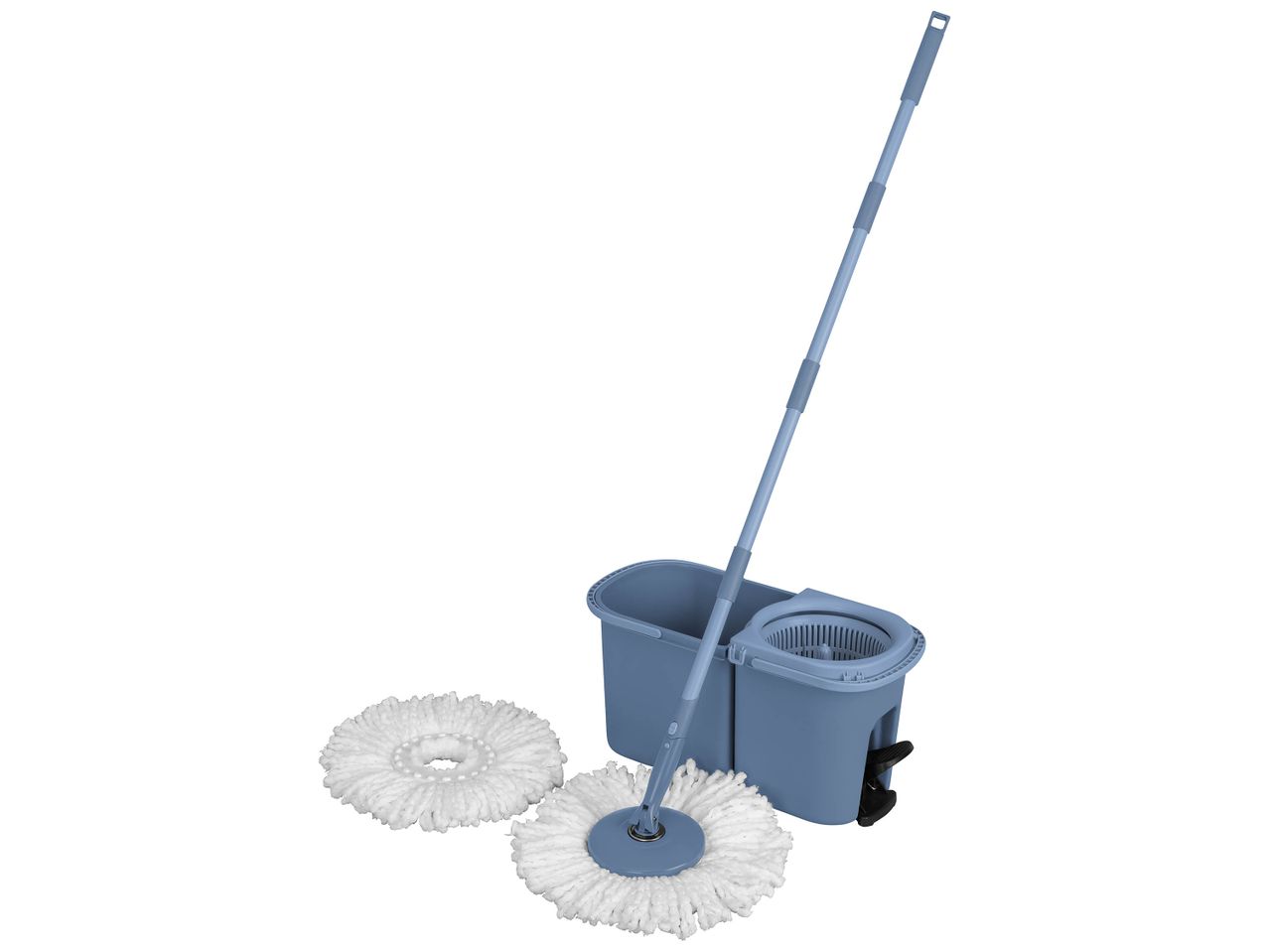 Système de nettoyage avec serpillière rotative et deux têtes de vadrouille en microfibre.