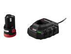 A black and red cordless tool battery and a black battery charger.