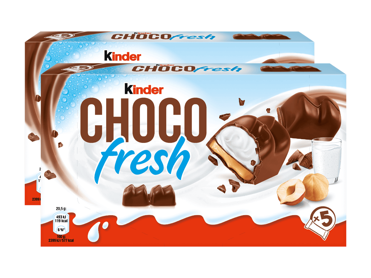 Zwei Packungen Kinder Choco Fresh Schokolade mit Haselnussfüllung.