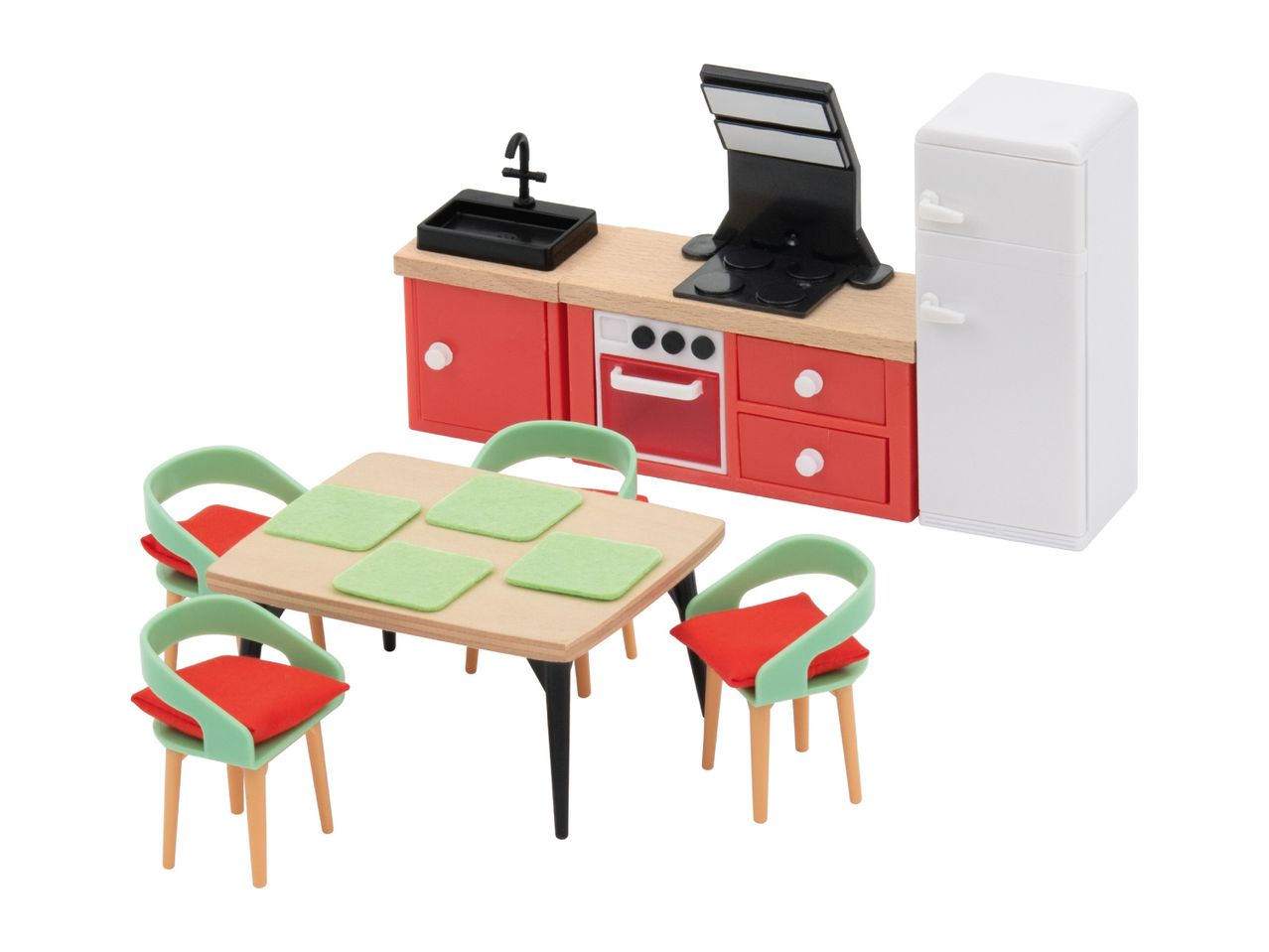 A toy kitchen set with red cabinets, a white refrigerator, and a dining table with four chairs.