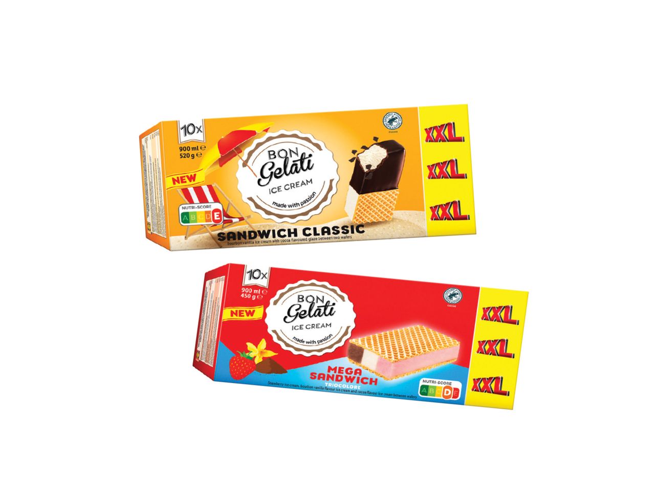 Dve kutije Bon Gelati sladoleda, klasični sendvič i mega sendvič, sa oznakama XXL i Nutri-Score.