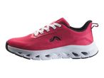 Pink and white athletic shoe with black accents and a textured sole.