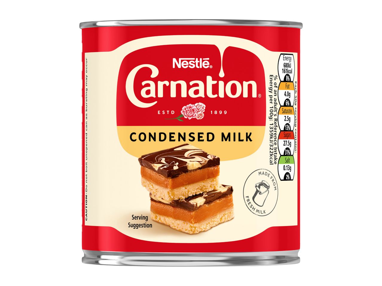 A can of condensed milk with a picture of caramel shortbread on the label.